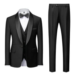 Set: Shawl Lapel Two Tone Single Breasted Blazer + V-Neck Button Vest + Mid Rise Plain Straight Leg Dress Pants