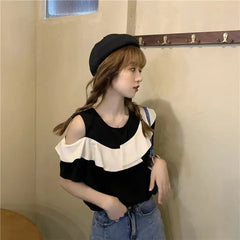 Cold-Shoulder Two-Tone Ruffled Blouse
