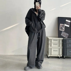 Plain Zip Hoodie / Drawstring Waist Wide Leg Sweatpants