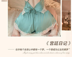 Plain Lace Trim Camisole / Pajama Shorts / Pajama Robe / Set