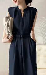 Set: Sleeveless Notch Neck Plain Wide Leg Jumpsuit + Belt