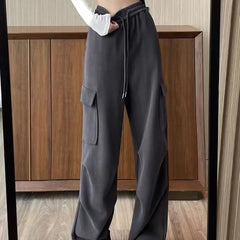 Drawstring Waist Plain Wide Leg Cargo Sweatpants