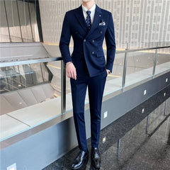 Set: Plain Double-Breasted Blazer + Mid Rise Tapered Dress Pants