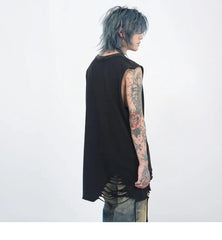 Crew Neck Washed Distressed Chain Tank Top