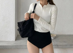 Set: Long-Sleeve Plain Swim Top + Bottom + Bikini Top