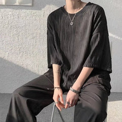 3/4-Sleeve Crew Neck Plain Textured T-Shirt