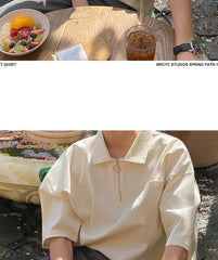Elbow-Sleeve Half-Zip Plain T-Shirt