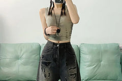 Mid Rise Washed Distressed Denim Wide Leg Shorts