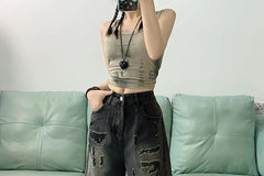 Mid Rise Washed Distressed Denim Wide Leg Shorts