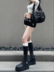 Low Rise Studded Denim Hot Pants