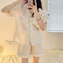 Pajama Set : Short-Sleeve Plaid Shirt + Shorts