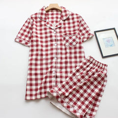 Couple Matching Pajama Set: Short-Sleeve Plaid Button Top + Shorts (Various Designs)