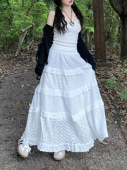 High Waist Plain Eyelet Lace Panel Tiered Maxi A-Line Skirt