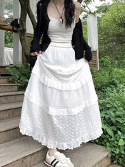 High Waist Plain Eyelet Lace Panel Tiered Maxi A-Line Skirt