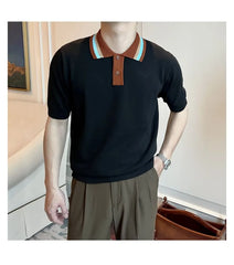 Short-Sleeve Striped Collar Knit Polo Top