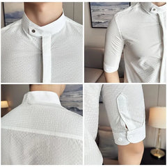 Elbow-Sleeve Band Collar Plain Shirt