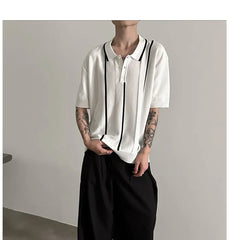 Elbow-Sleeve Striped Knit Polo Shirt