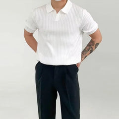 Short Sleeve V-Neck Plain Ribbed Knit Polo Top
