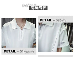 Short Sleeve Lapel Zipper Plain Loose Polo Shirt