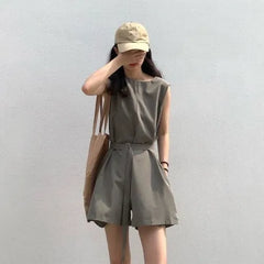 Sleeveless Round Neck Plain Belted Romper