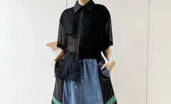 High Waist Denim Panel Maxi A-Line Skirt