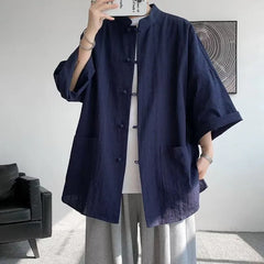 3/4-Sleeve Mandarin Collar Plain Frog Button Shirt