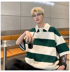 Elbow-Sleeve Striped Polo Shirt