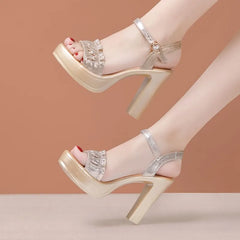 Chunky Heel Ankle Strap Glitter Ruched Sandals