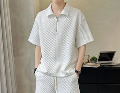Set: Elbow-Sleeve Plain Textured Half-Zip Polo Shirt + Drawstring Waist Wide Leg Sweat Shorts