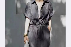 Short-Sleeve Linen Plain Maxi Shirt Dress