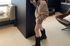 Crew Neck Drop Shoulder Plain Sweatshirt / High Waist Plain Mini Skirt / Flared Sweatpants