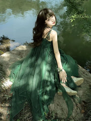 Set: Spaghetti Strap Leaf Accent Bow Asymmetrical Midi A-Line Dress +  Choker