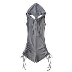 Sleeveless Henley Plain Hooded Drawstring Romper