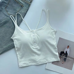 Spaghetti Strap Scoop Neck Henley Cropped Cami Top