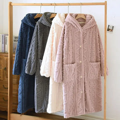 Couple Matching Jacquard Hooded Button-Up Fleece Pajama Robe (Various Designs)