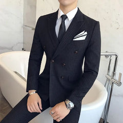 Set: Lapel Collar Pinstriped Double Breasted Blazer + Mid Rise Pinstriped Dress Pants + V-Neck Pinstriped Single Breasted Vest