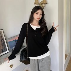 Long Sleeve Mock Two Piece Color-Block Loose-Fit Tee