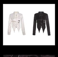 Long-Sleeve Plain Asymmetrical Belted Zip Slim Fit Shirt