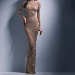 Long-Sleeve Glitter Maxi Sheath Dress
