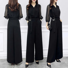 Puff-Sleeve V-Neck Plain Tie Waist Wide Leg Jumpsuit