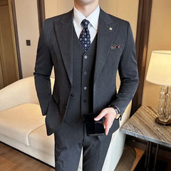 Set: Button-Up Plain Blazer + V-Neck Vest + Dress Pants