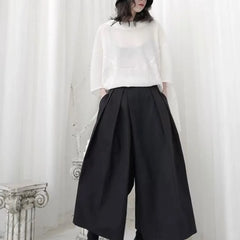 Mid Rise Plain Pleated Cropped Wide Leg Pants