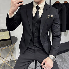 Set: Notch Lapel Plaid Single-Button Blazer + Single-Breasted Vest + Mid Rise Cropped Tapered Dress Pants