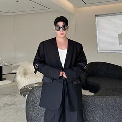 Set: Plain Sing-Breasted Blazer + High Waist Wide Leg Pants