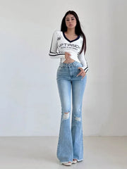 High Waist Washed Distressed Flared Jeans