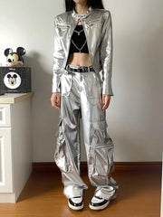 Band Collar Plain faux Leather Zip Jacket / Crop Camisole Top / Mid Rise Wide Leg Cargo Pants / Belt / Set