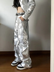 Band Collar Plain faux Leather Zip Jacket / Crop Camisole Top / Mid Rise Wide Leg Cargo Pants / Belt / Set