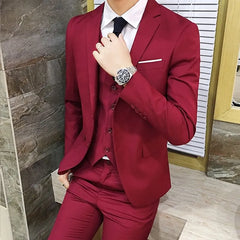 Set: Lapel Collar Plain Single Breasted Blazer + V-Neck Vest + Mid Rise Dress Pants