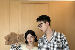 Couple Matching Long Sleeve Plaid Button Pajama Top / High Waist Straight Leg Pants / Pajama Dress / Set (Various Designs)