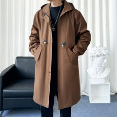Plain Hooded Drawstring Waist Zip-Up Long Trench Coat
